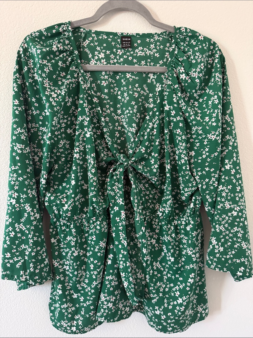 SHEIN Emerald Green Floral Tie-Front Top